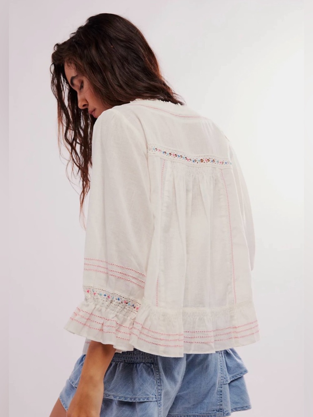 Free People “Ready For You” Ivory Peasant-style Embroidered 100% Cotton Blouse - Picture 12 of 12